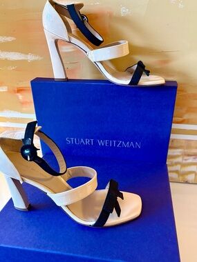 Stuart Weitzman Elegant Cream and Black Paten Leather Strapy-Bow Heels. Size 9.5